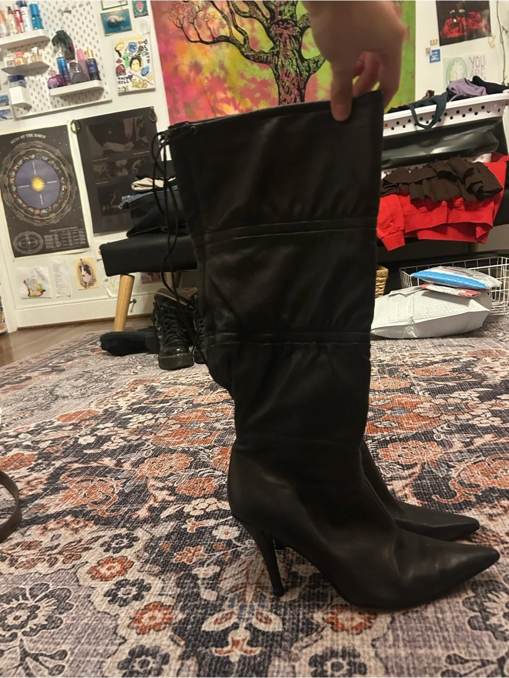 Classic Black Pointed-Toe Mid-Calf Heeled Boots